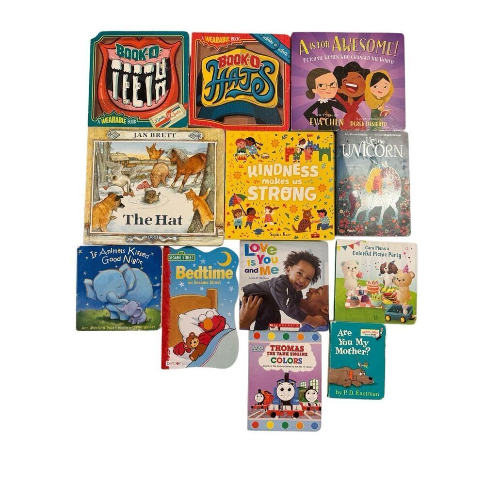 Bundle Lot of Twelve (12) Assorted Board Books: Jan Brett The Hat, Wearable